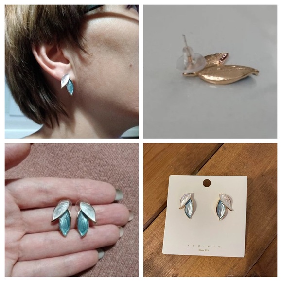 Elegant gold/pearl leaves stud earrings - Picture 4 of 4